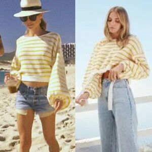 SAYLOR Yellow & White Striped Crop Sweater Coastal Preppy Balloon Sleeves XS
